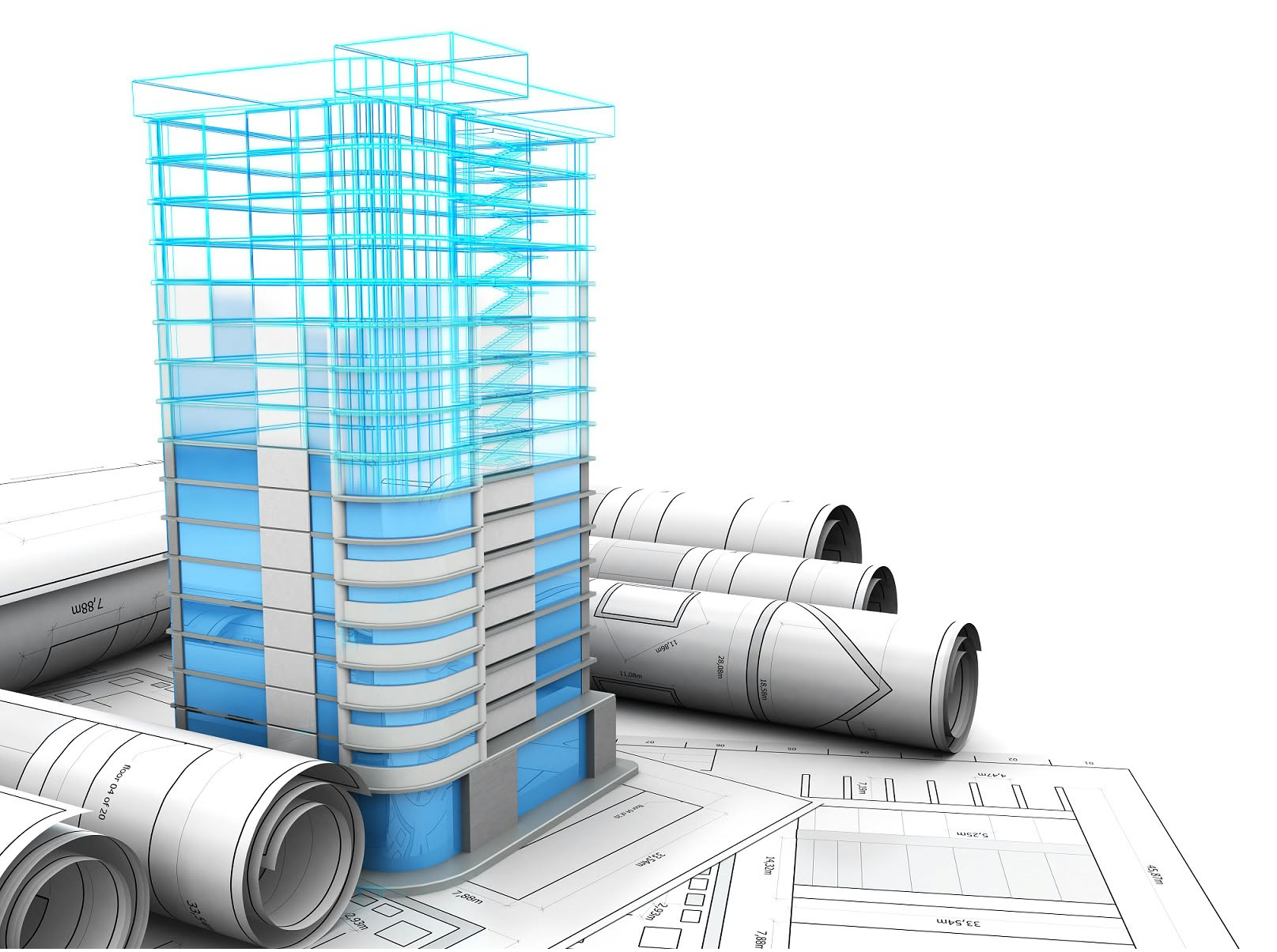 Structural wireframe model of a high-rise tower over engineering drawings